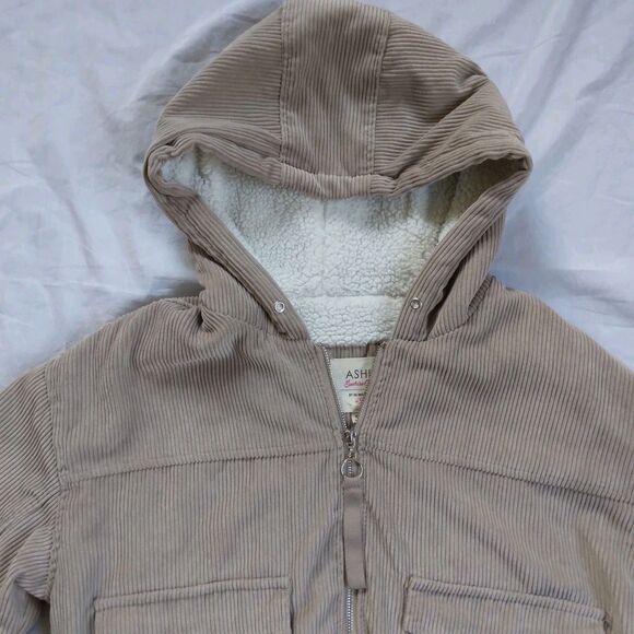 Ashley 26 International Khaki Corduroy Jacket Sherpa Hooded Cropped Size Large - Picture 5 of 12